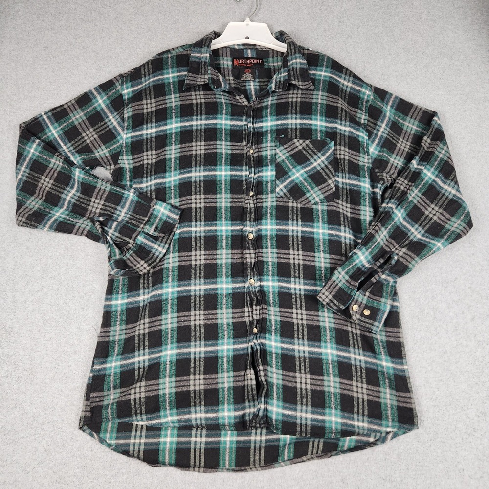 Northpoint Flannel Shirt Mens 2XLT Black Teal Plaid Cotton Long Sleeve Button Up